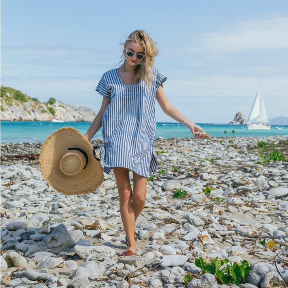 Tuckernuck Blue Stripe Mini Sullivan Embroidered Canvas Caftan